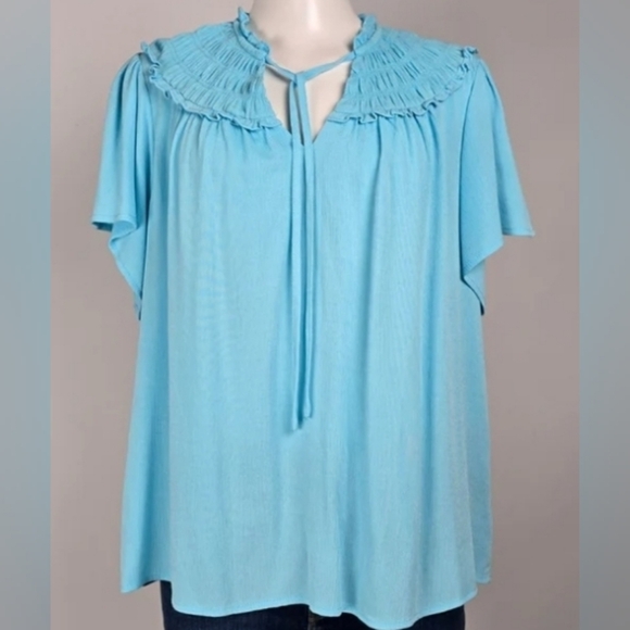 Torrid Womens Plus Gauze Smocked Yoke Ruffle Neck Tie Top Blue Topaz 2X 18-20 - Picture 1 of 14